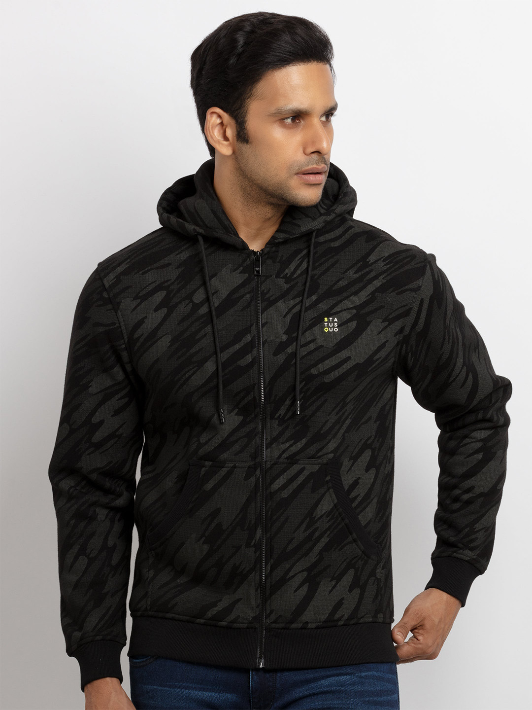 Status Quo Men Black Printed Hooded Sweatshirt