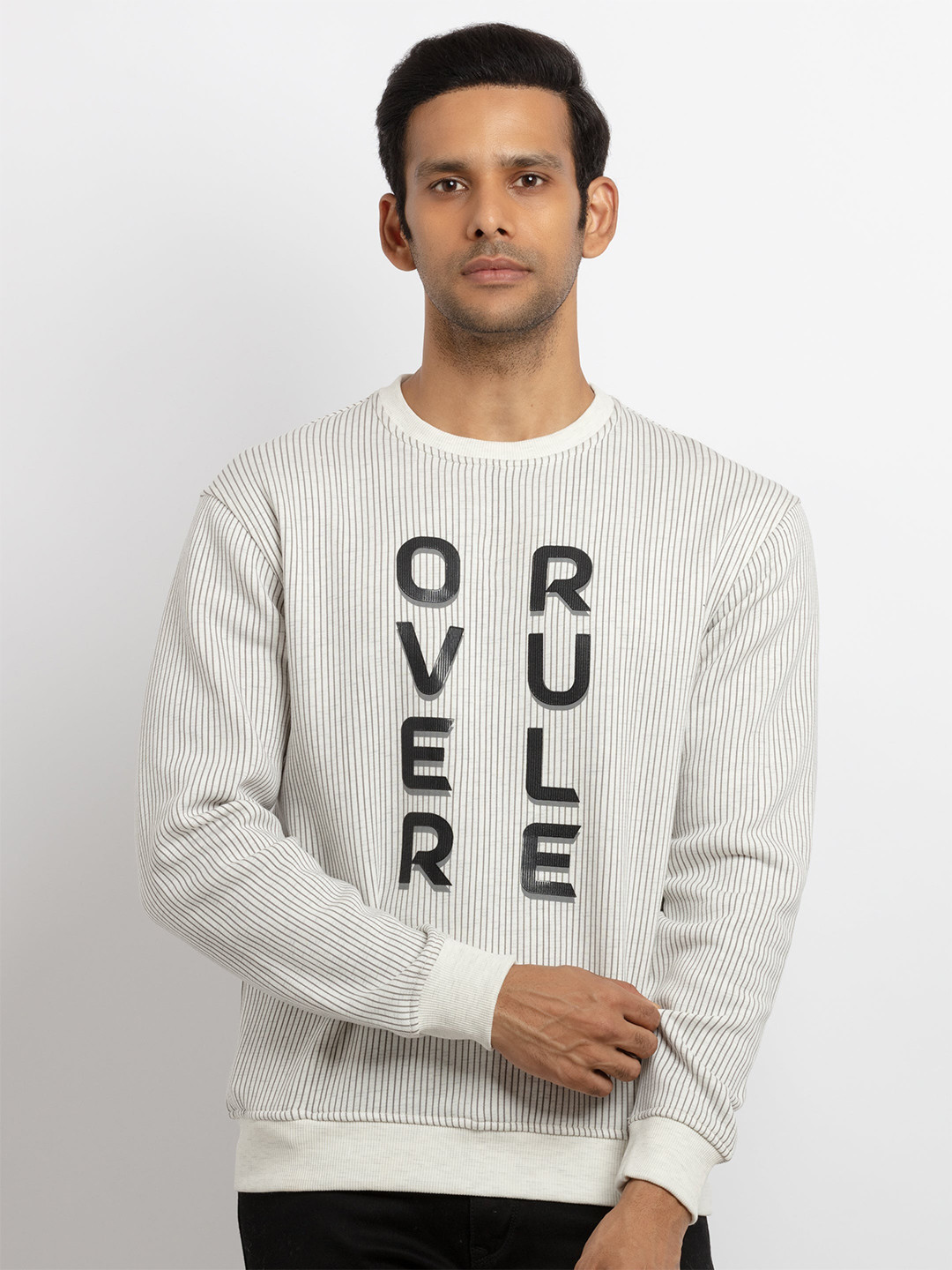 Status Quo Men Off White Striped Cotton Sweatshirt