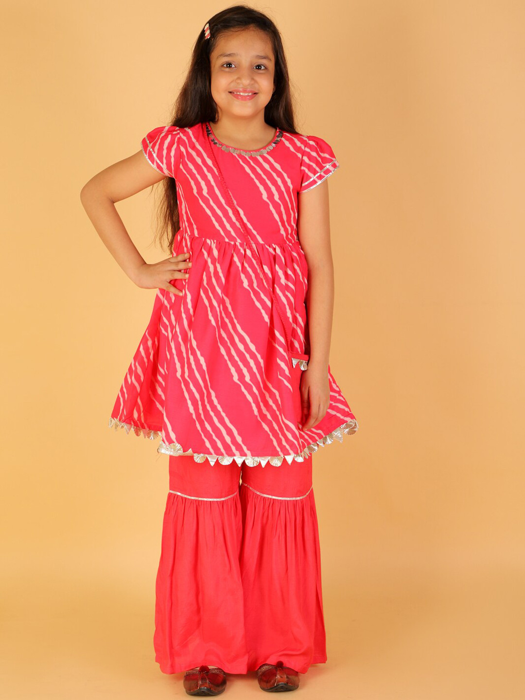 LIL DRAMA Girls Red Printed Pure Cotton Kurta With Sharara Set