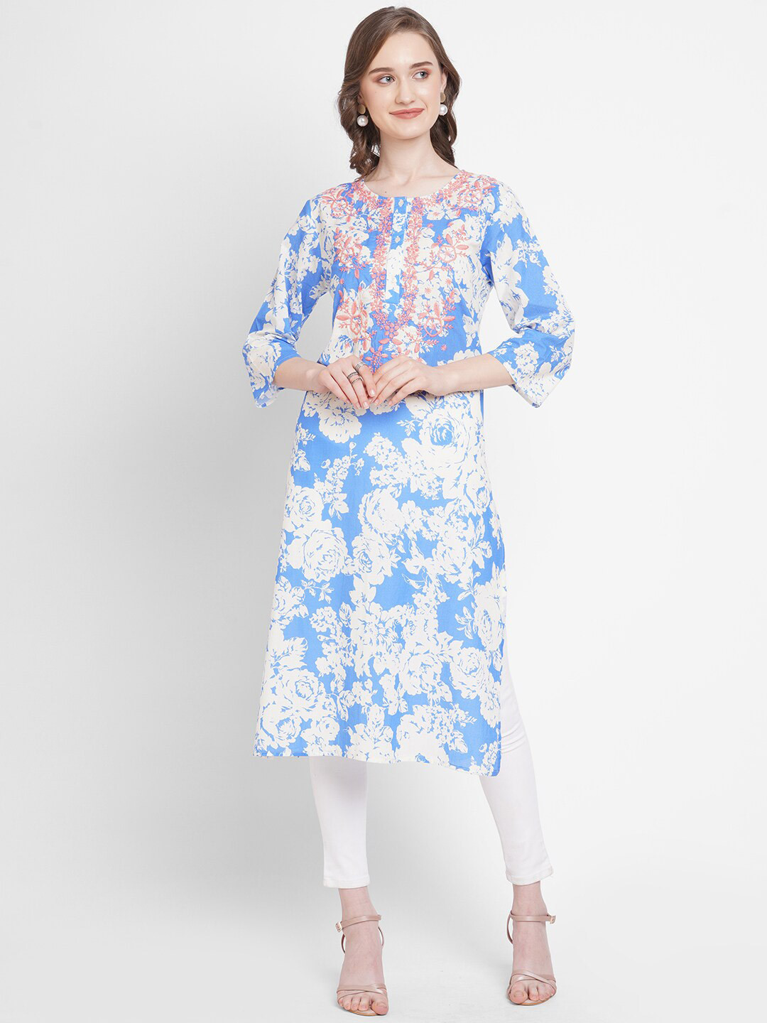 Cloth Haus India Women Blue & Pink Floral Printed Cotton Kurta