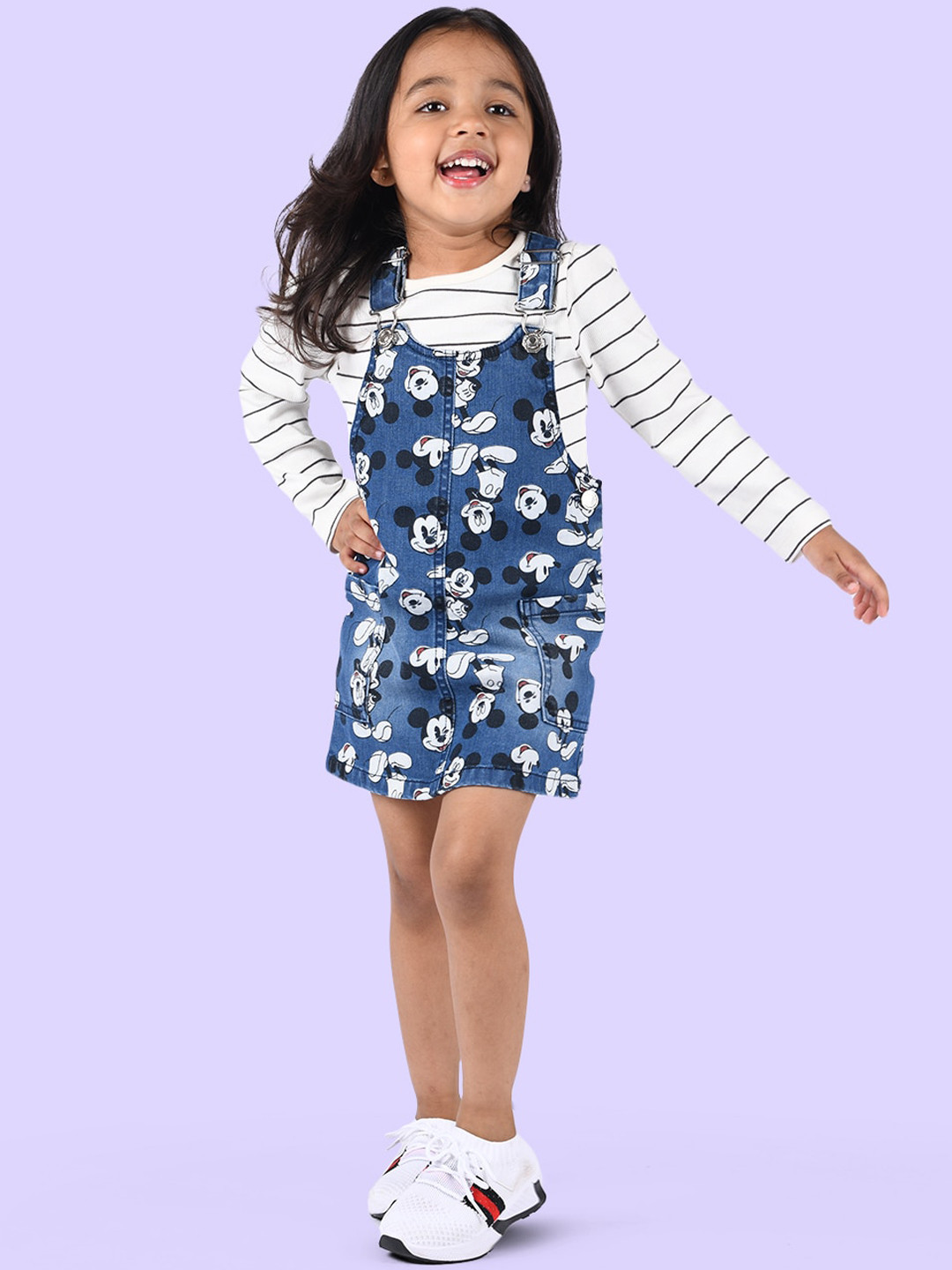 Zalio Girls White & Blue Mickey Mouse Printed Dungaree With T-shirt