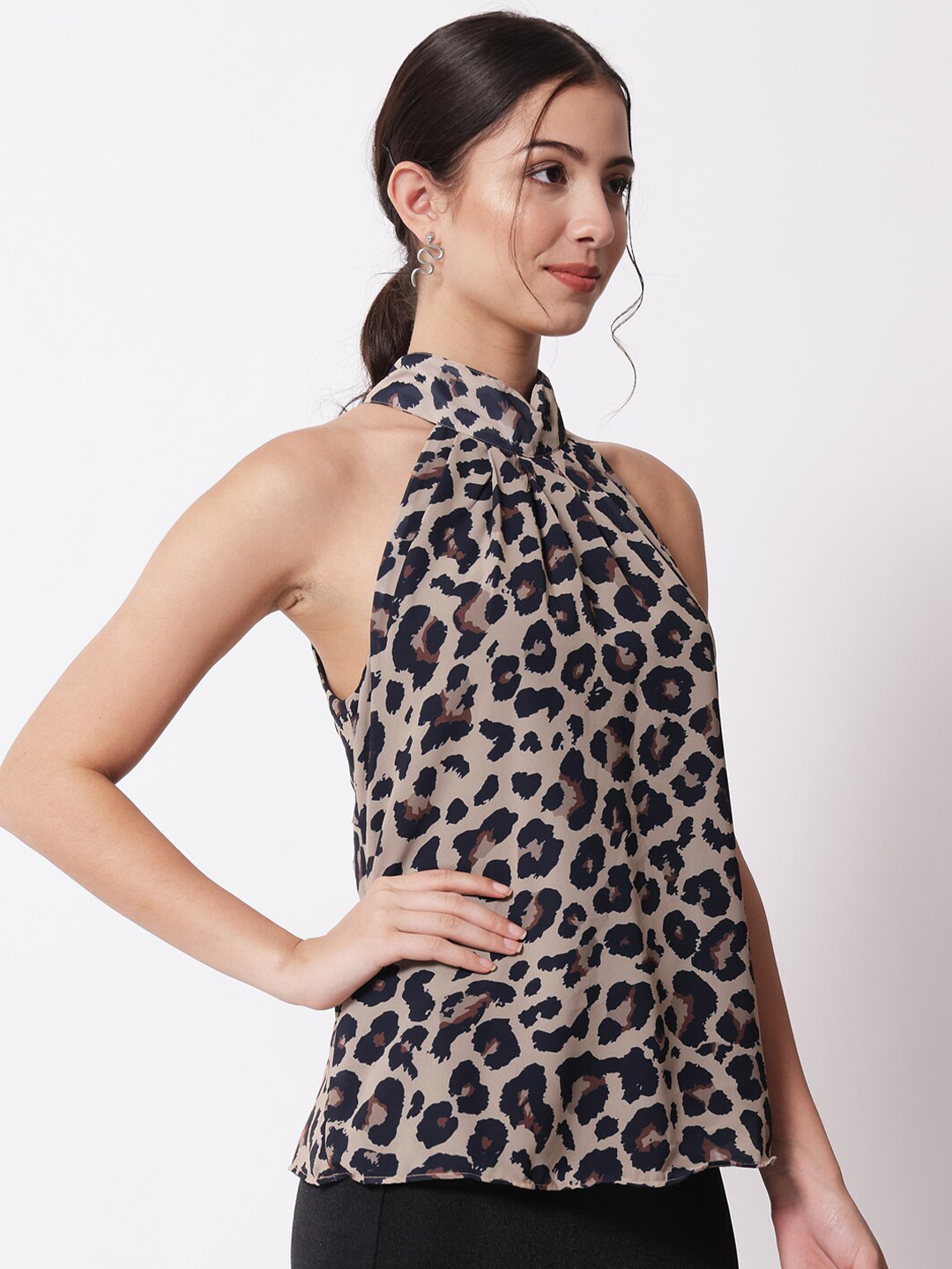 CHARMGAL Brown Animal Print Halter Neck Crepe Top