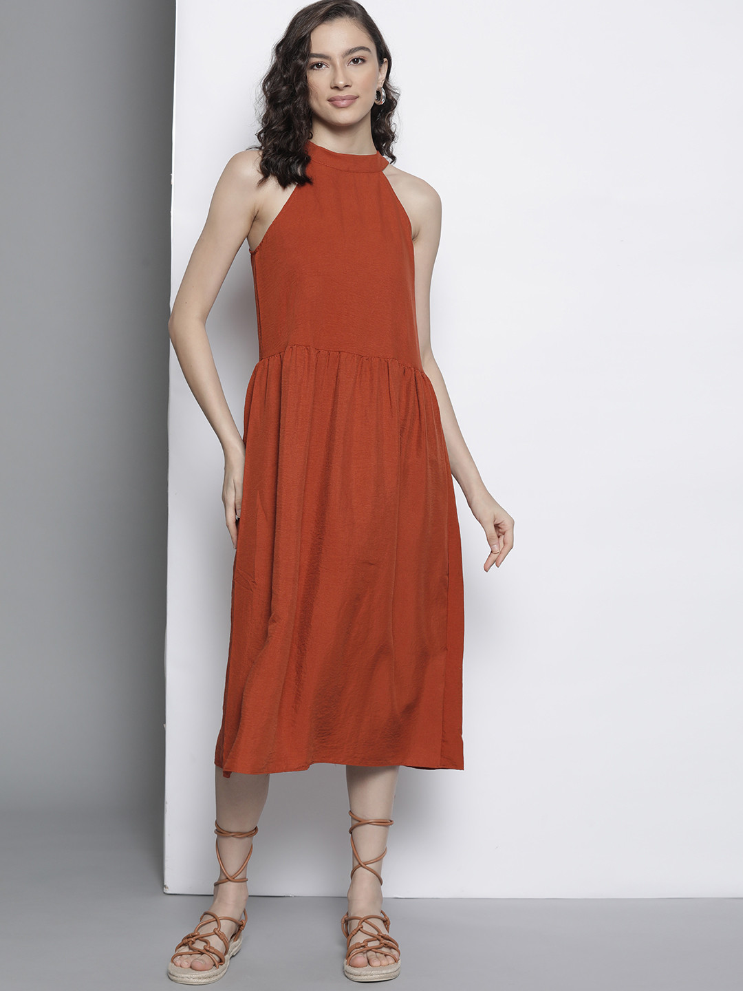 Trendyol Rust Orange Solid Tie-Up Neck A-Line Midi Dress