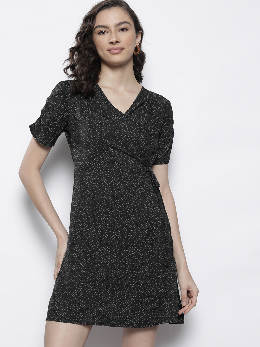 Trendyol Black & White Geometric Printed Mini Wrap Dress