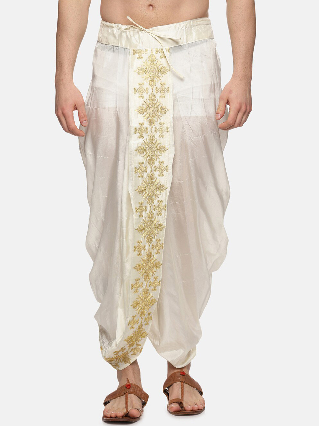Sethukrishna Men Cream Coloured Embroidered  Dhoti Pants
