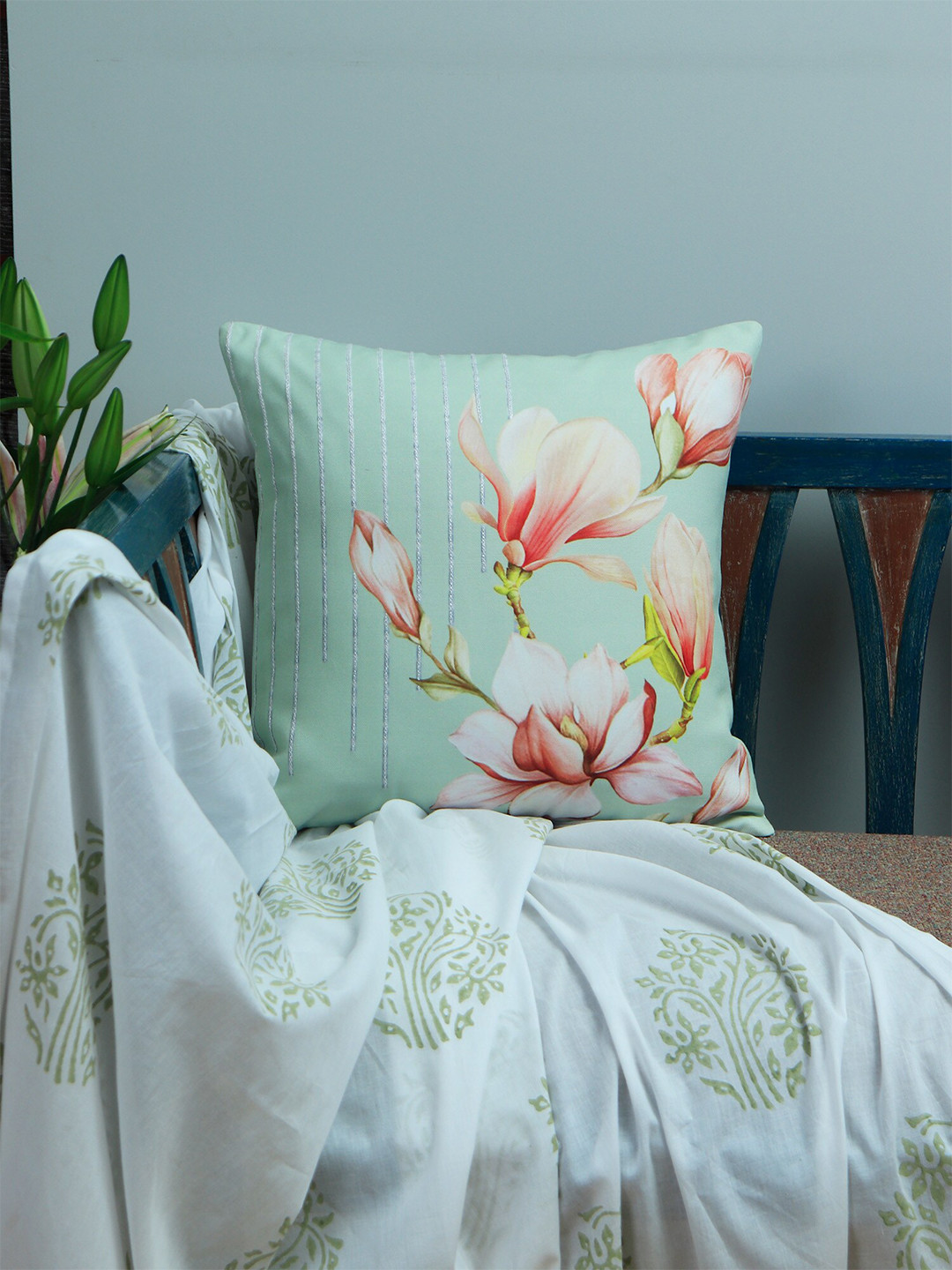 ZEBA Green Floral Polyester HD Digital Embroidered Square Cushion Cover -16x16In