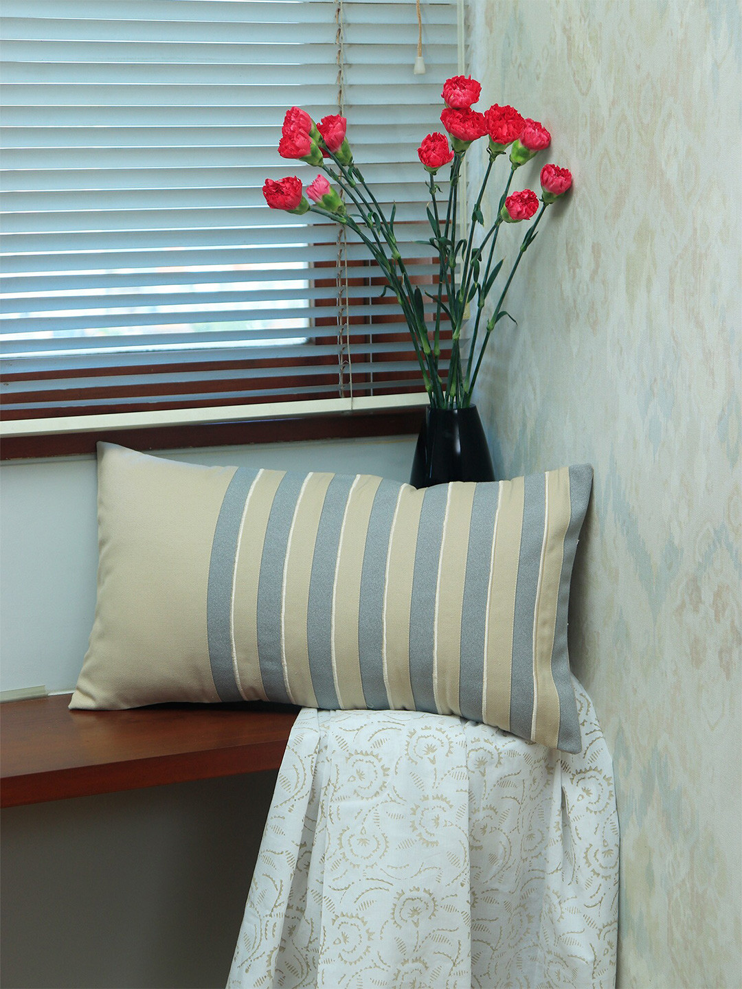 ZEBA Beige & Grey Striped Rectangle Cushion Covers