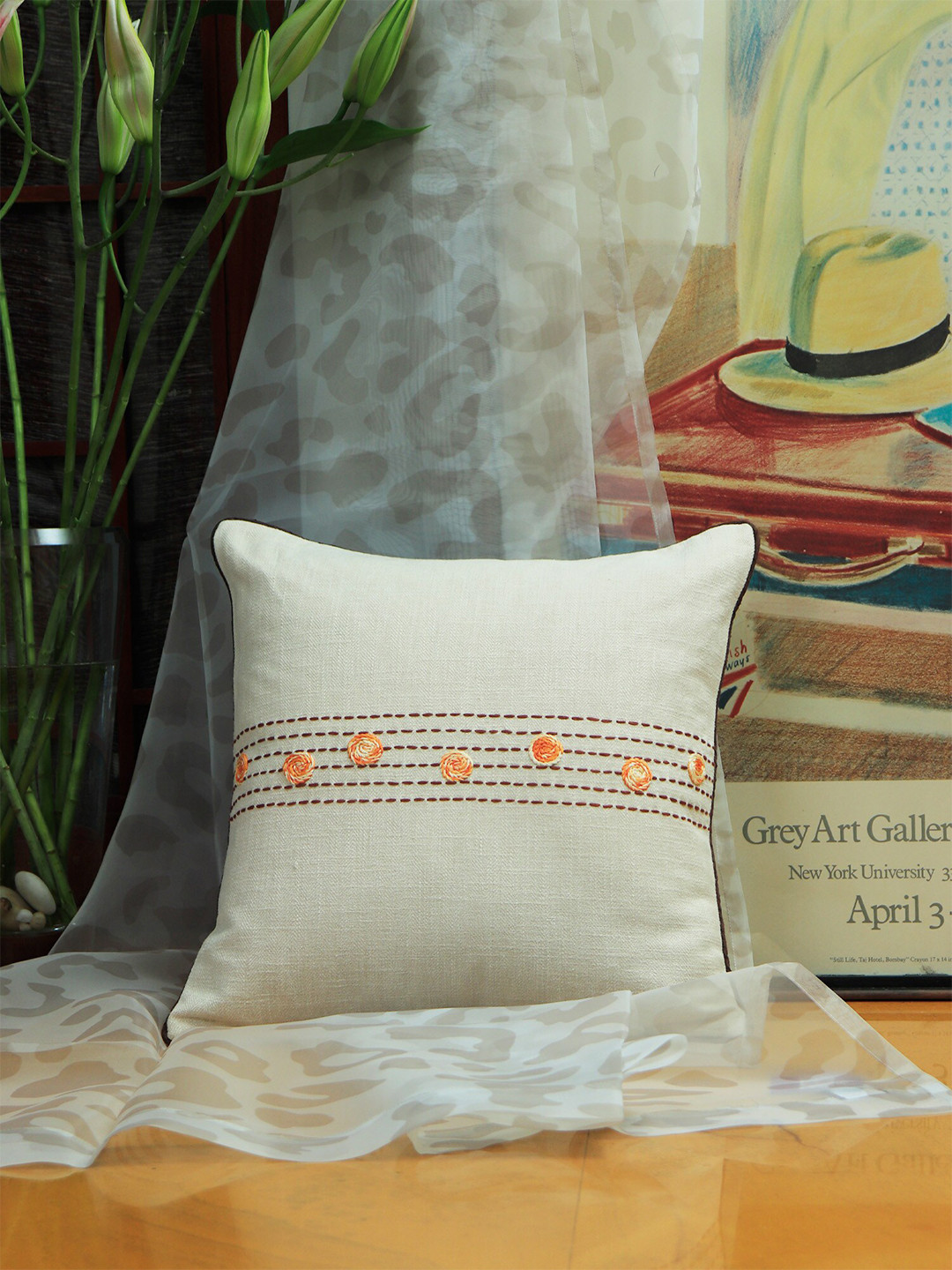 ZEBA Off White Striped Cotton Washable Textured Square Cushion Cover -16x16In