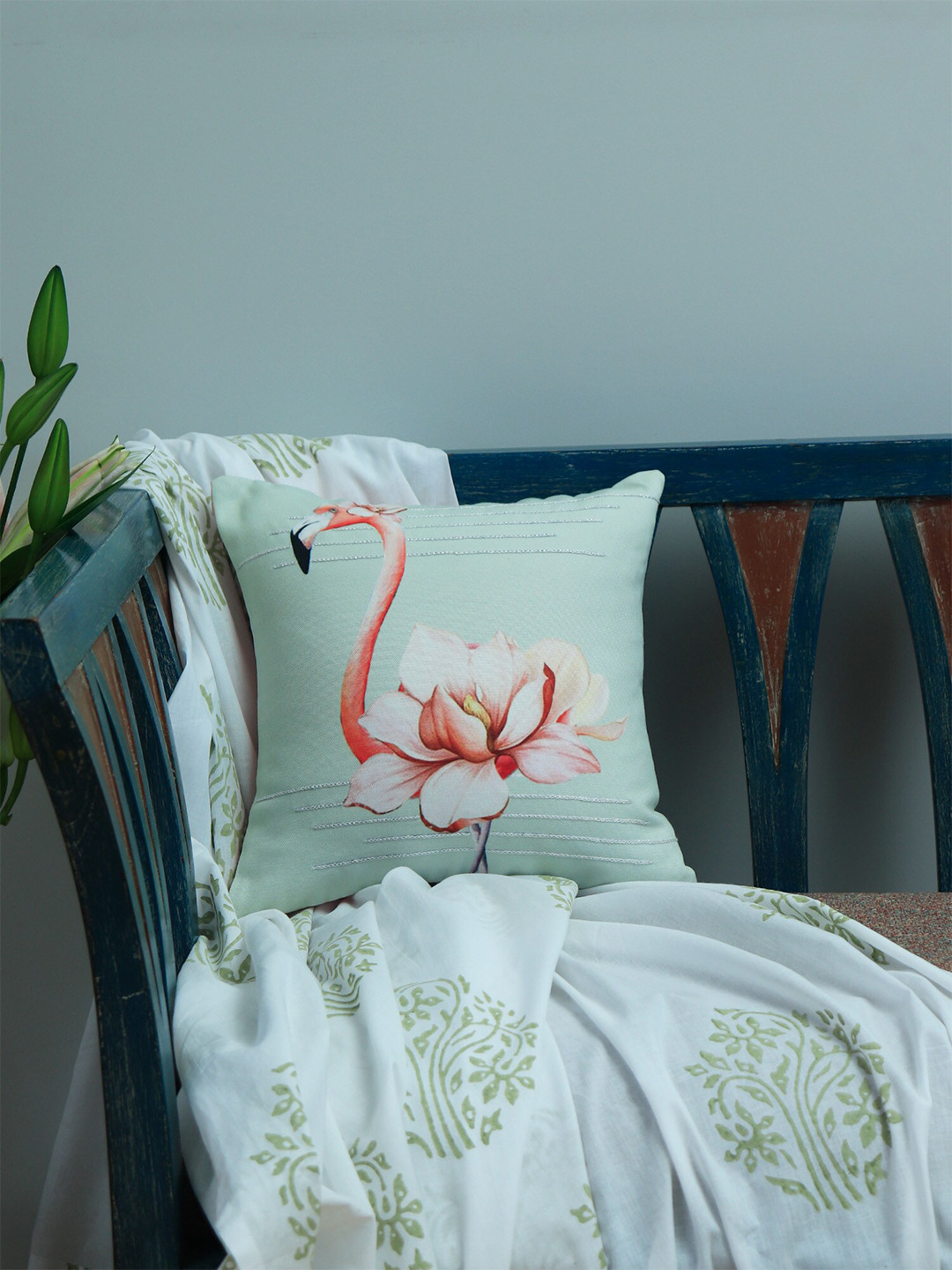 ZEBA Quick-Dry Green Ethnic Motifs Polyester Anti-Wrinkle Square Cushion Cover -12x12In