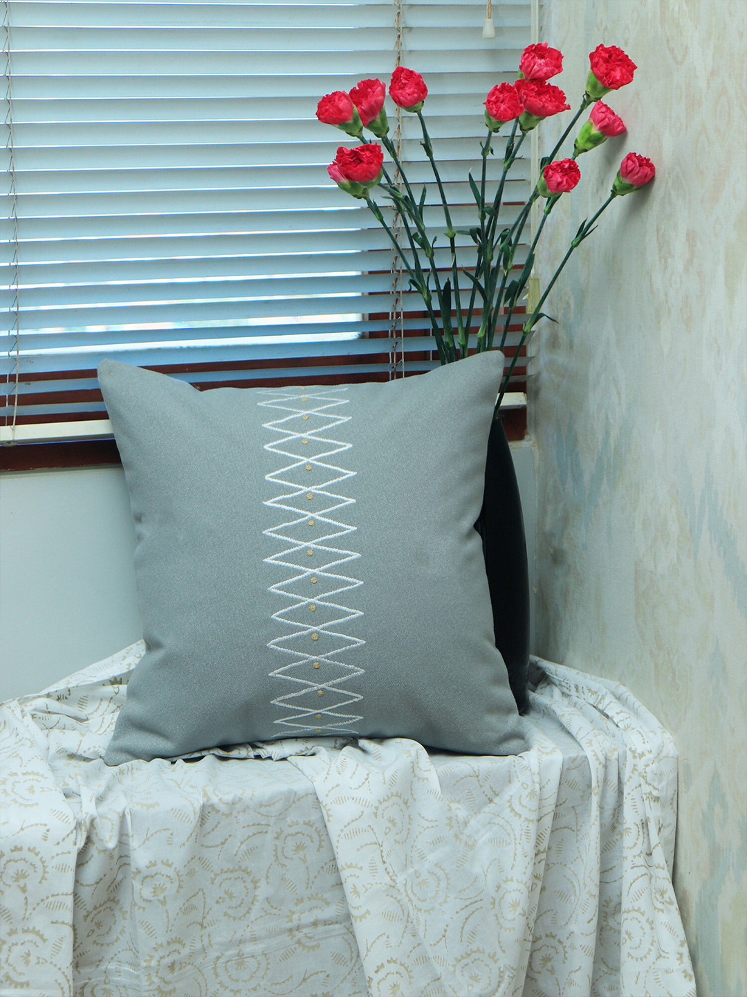 ZEBA Grey Embroidered Polyester Silk Breathable Textured Square Cushion Cover -16x16In