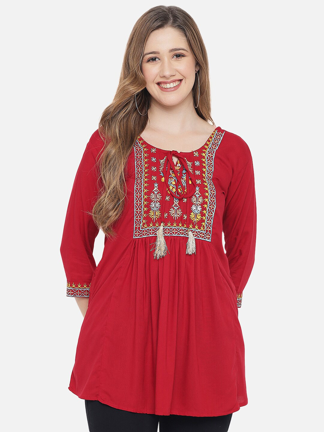 Indietoga Women Maroon Rayon Embroidered Regular Fit Top