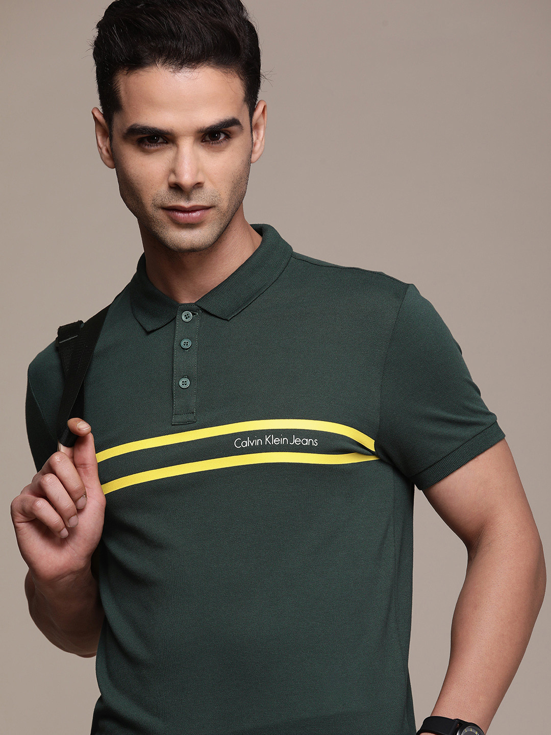 Calvin Klein Jeans Men Teal Green Striped Polo Collar Slim Fit T-shirt
