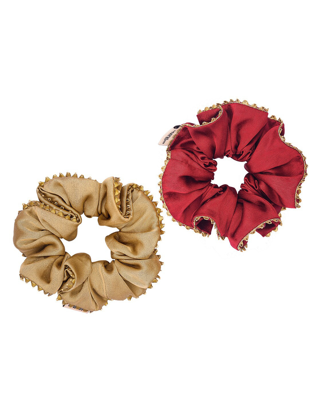 HAIR DRAMA CO. Women Set of 2 Red & Beige Satin Gota Patti Scrunchies