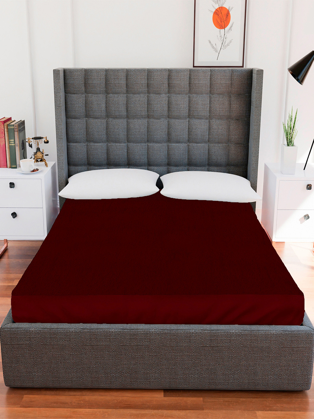 AVI Men Maroon Solid Double Size Waterproof Mattress Protector