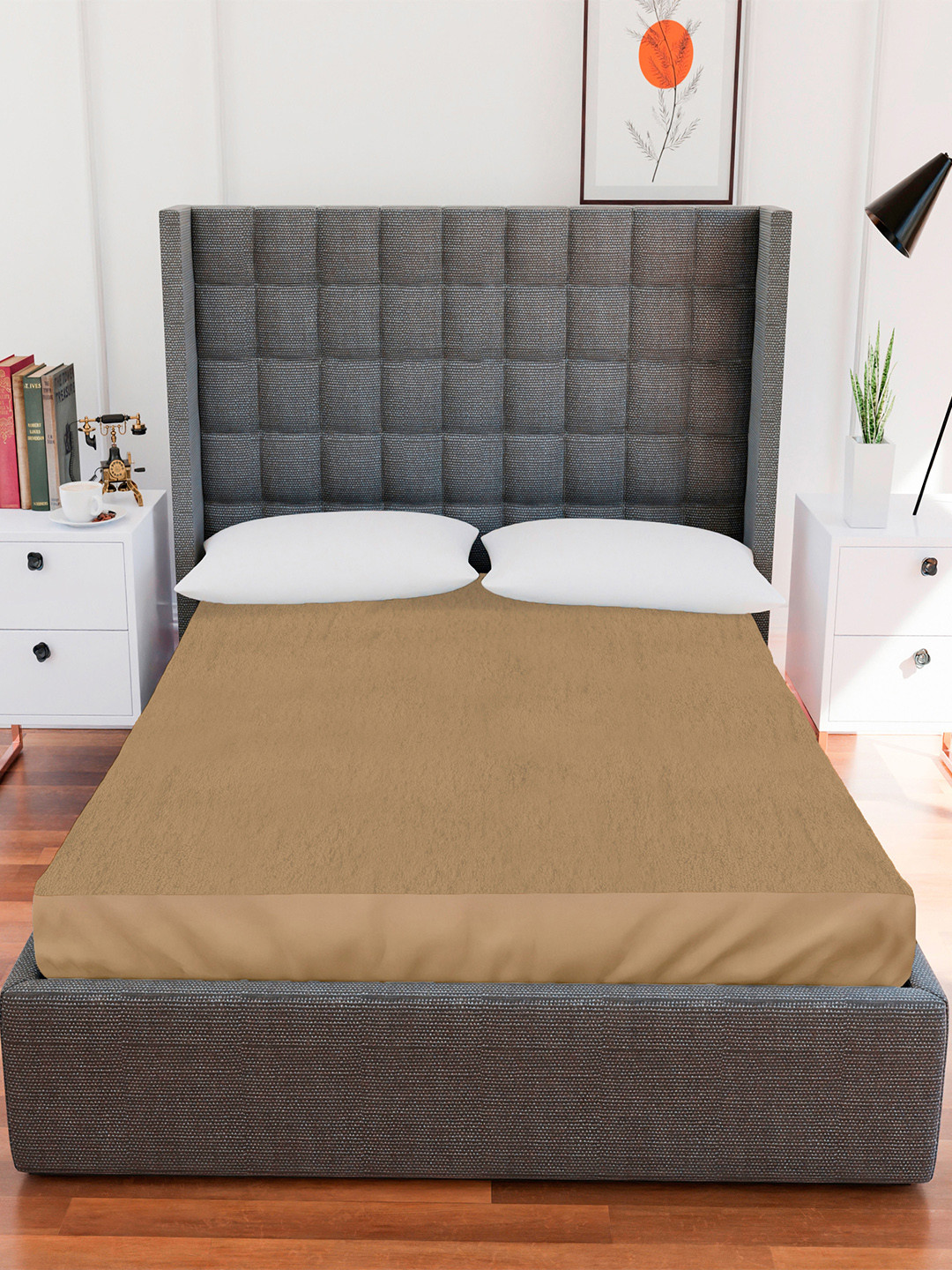AVI Beige Solid Double Size Waterproof Mattress Protector