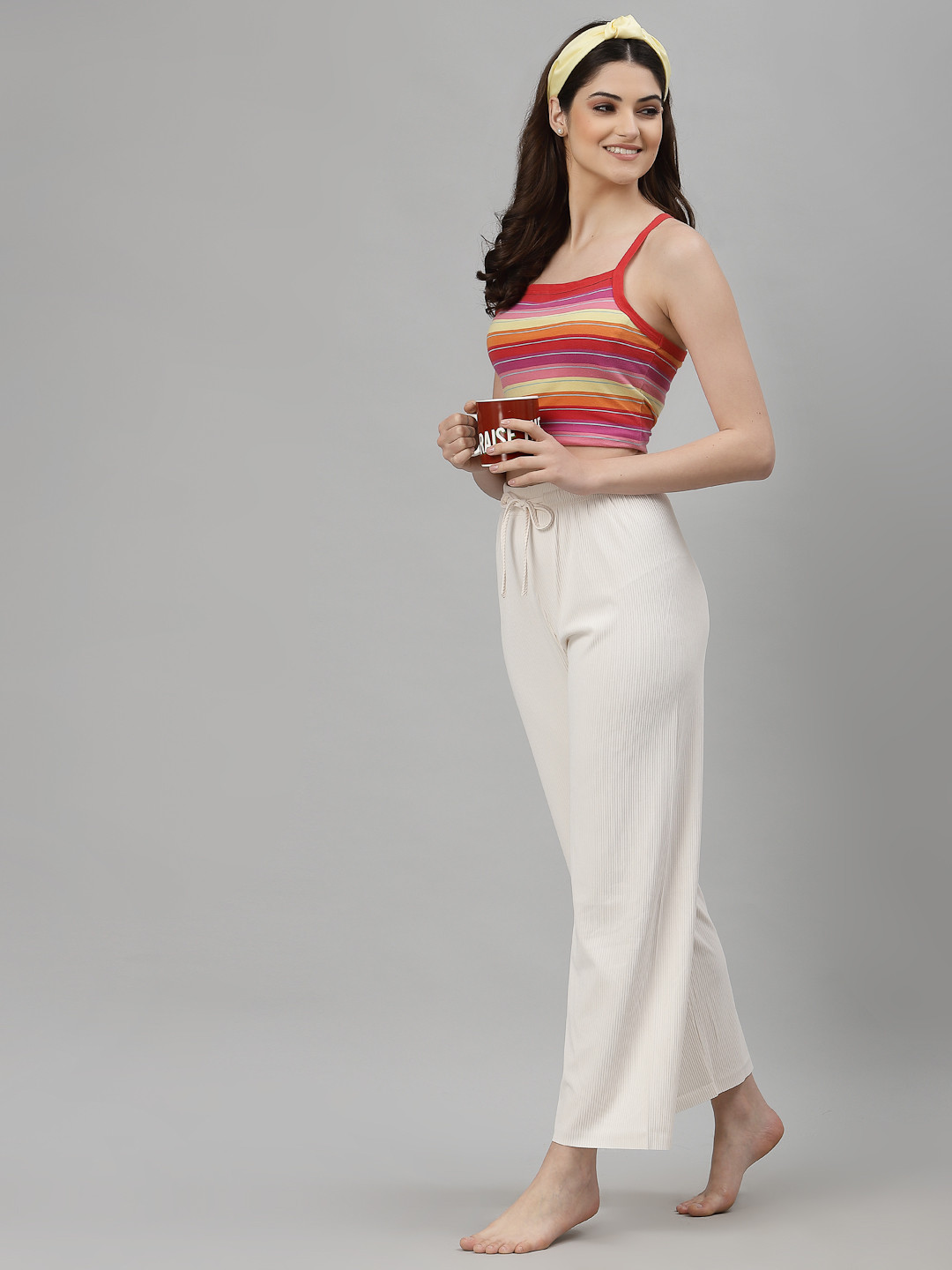 NEUDIS Women White Solid Ribbed Lounge Pant