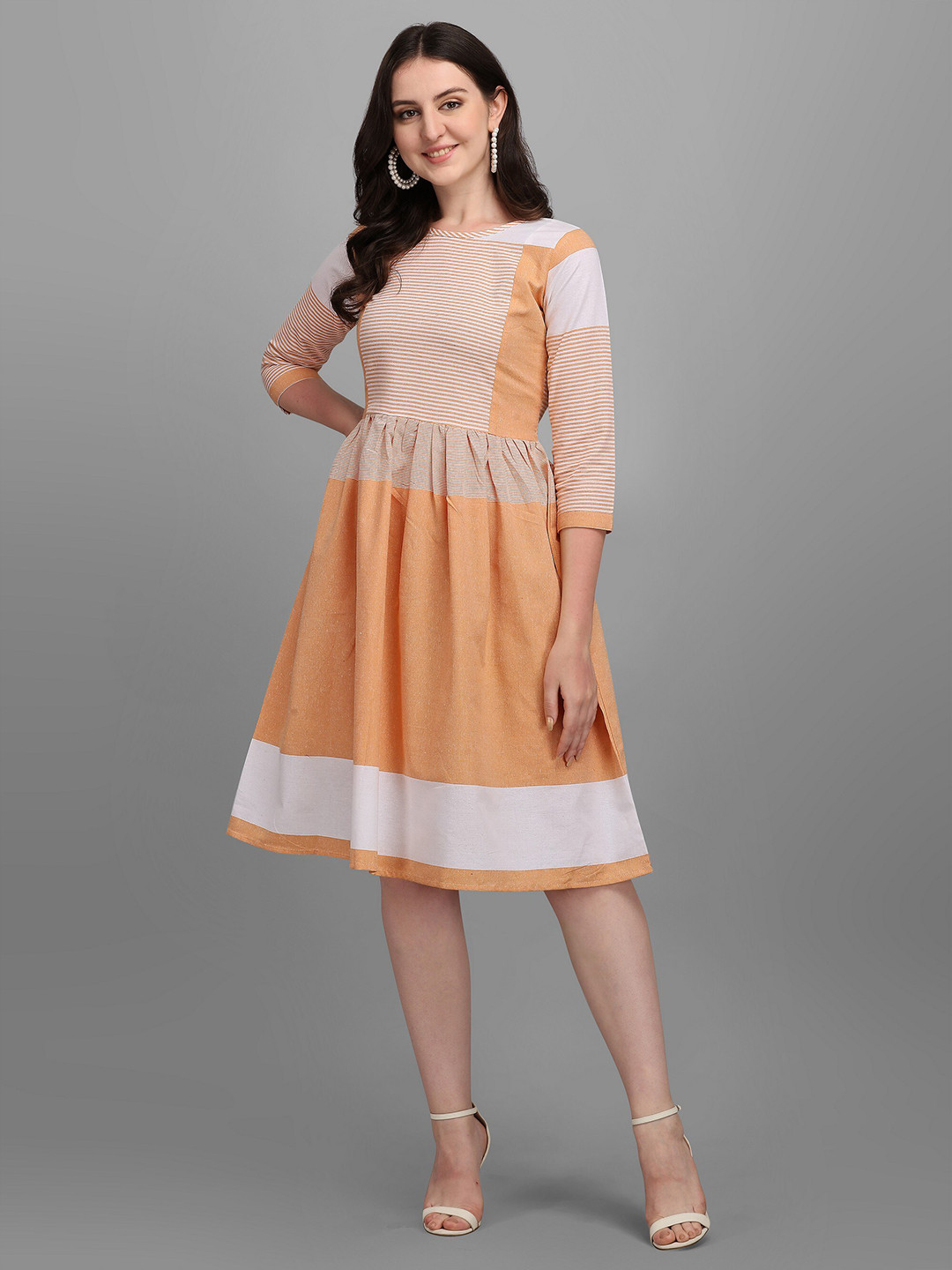 Kinjo Women Orange & Off White Cotton Striped Dress