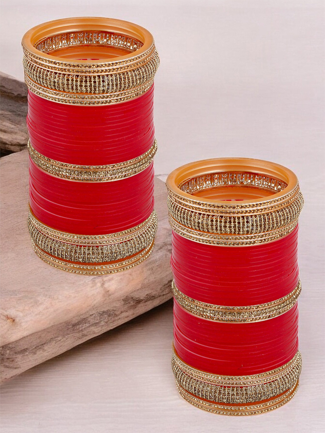 LUCKY JEWELLERY Set Of Red & White Stone-Studded Chuda Bangle