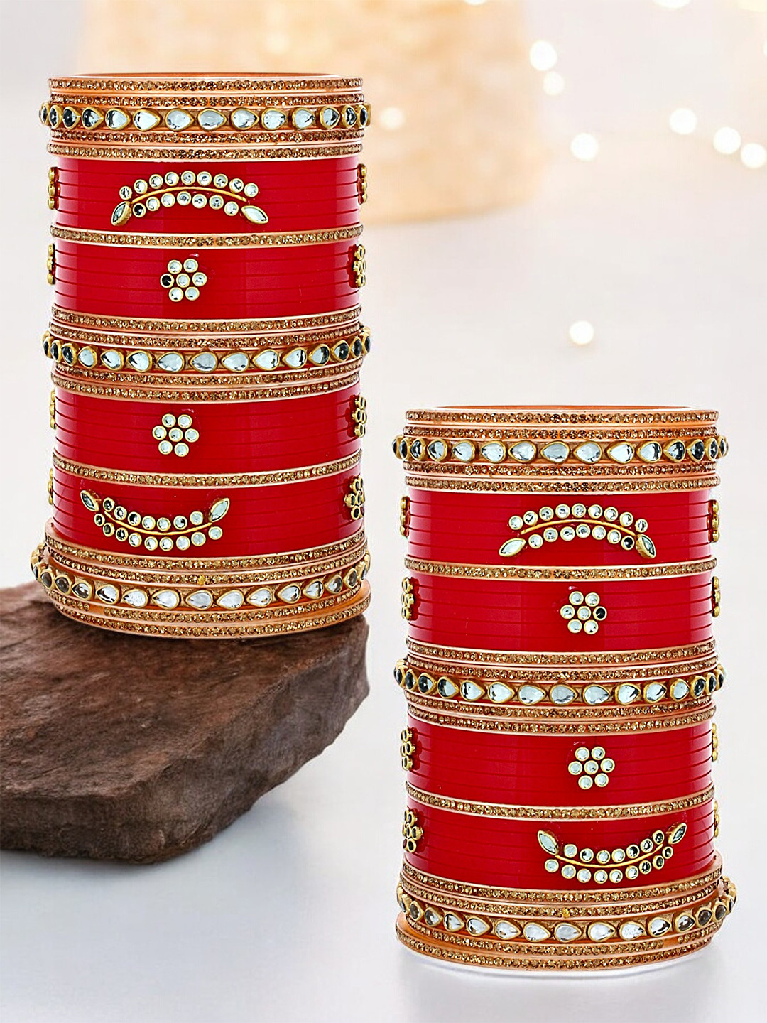 LUCKY JEWELLERY Red Kundan Studded Punjabi Chura Bridal Wedding Bangle Set