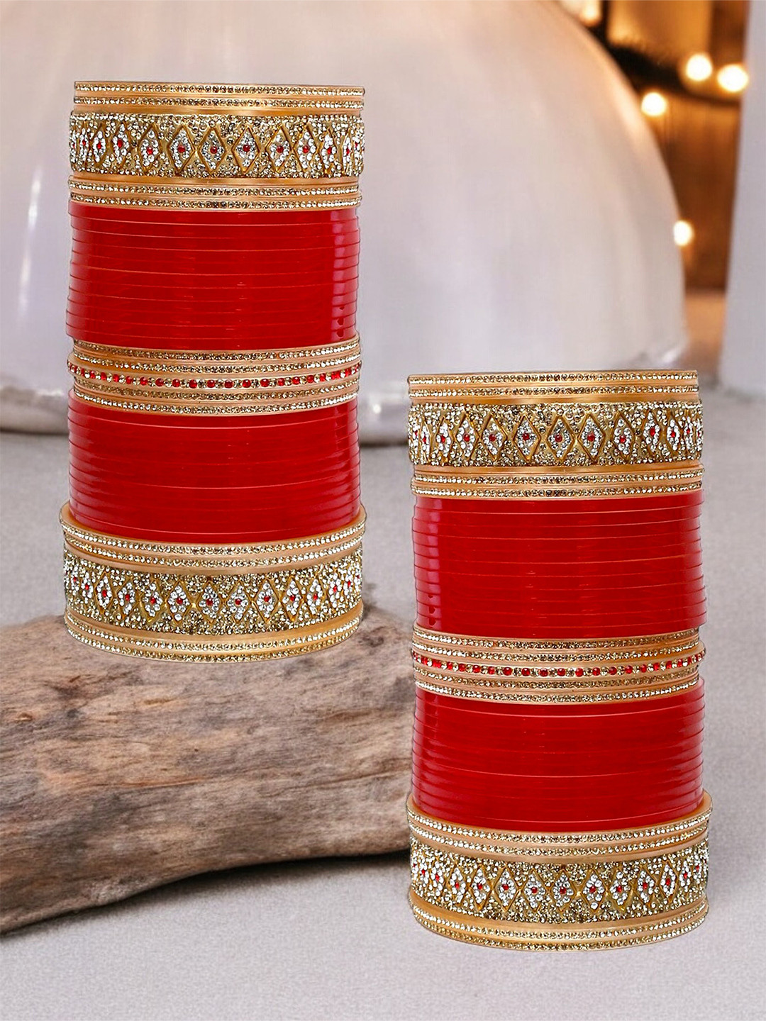 LUCKY JEWELLERY Red & White Stone Studded Bangles Set