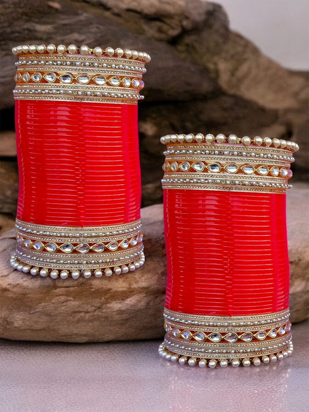 LUCKY JEWELLERY Set Of 2 Red & White Stone-Studded Chuda Bangle