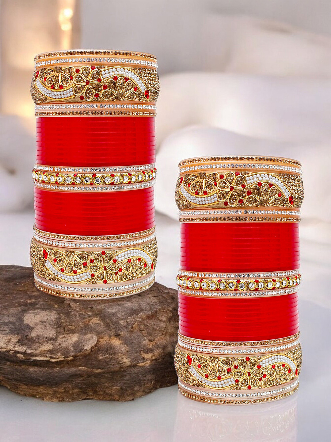 LUCKY JEWELLERY Gold-Toned & Red Stone-Studded Chuda Bangle Set