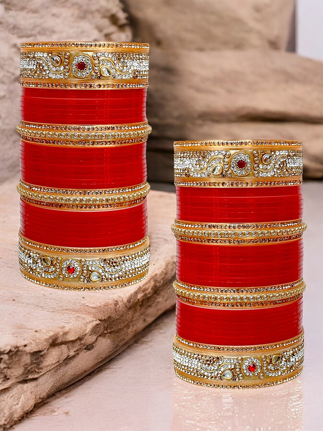 LUCKY JEWELLERY Red Stone-Studded Punjabi Chura Bangle Set
