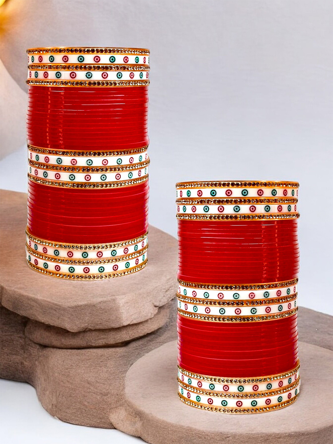 LUCKY JEWELLERY Red & White Stone Studded Bangles Set 2