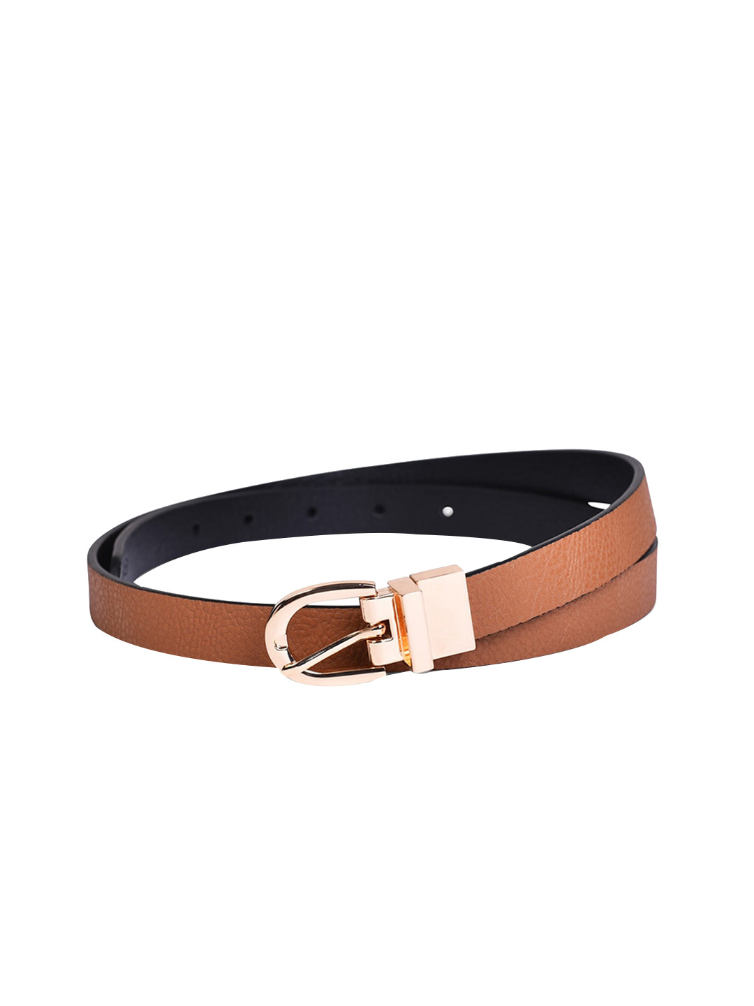 Belwaba Women Black And Tan Textured Reversible Pu Belt