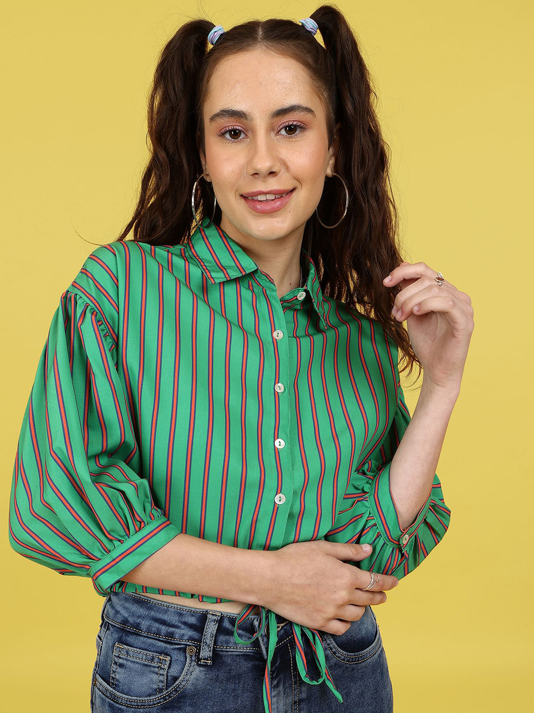 Flying Machine Women Green Multi Stripes Opaque Casual Crop Shirt With Tie-Ups Detail