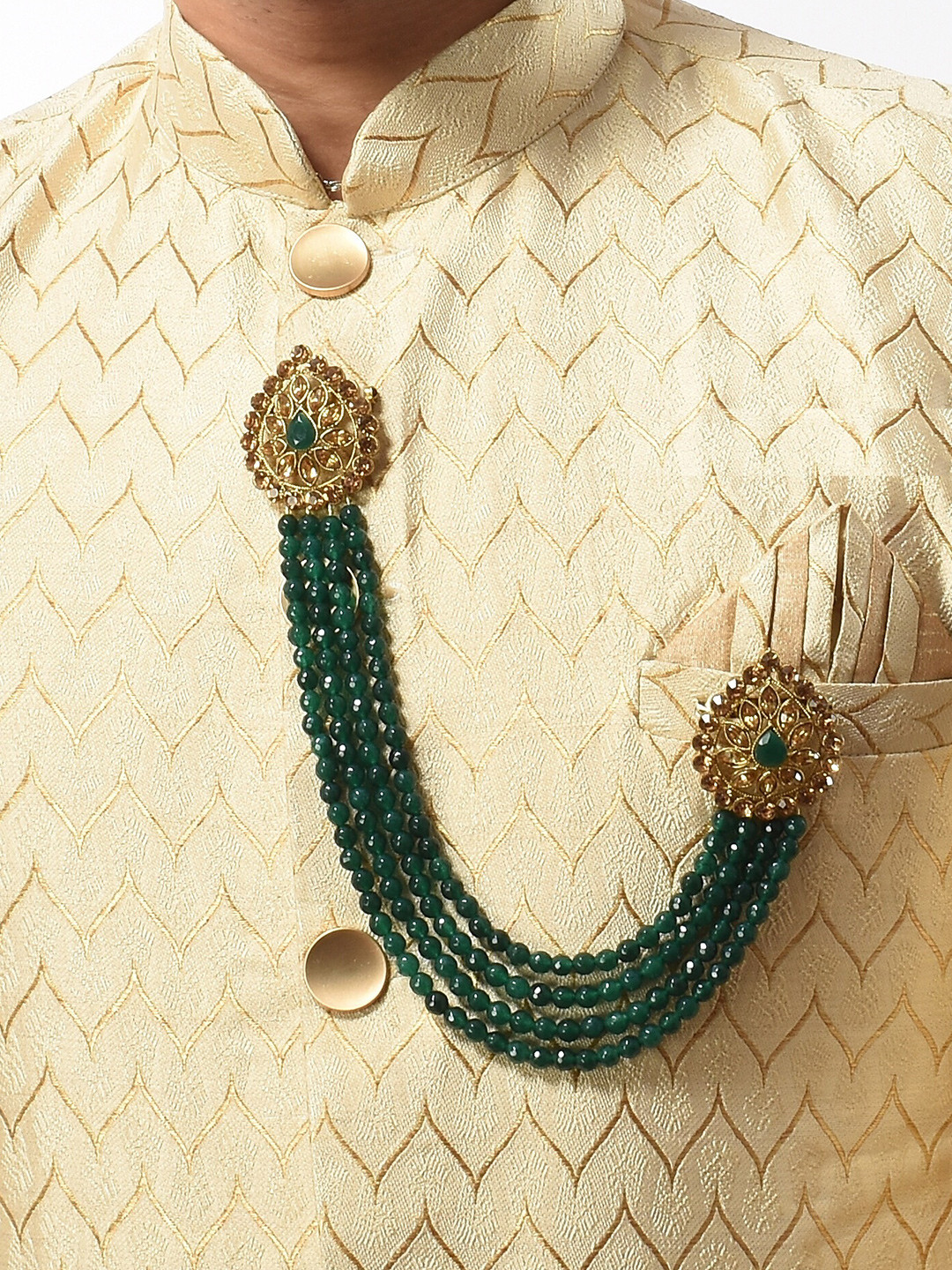 Sanjog Gold-Toned & Green Artificial Stones Studded & Beaded Wedding Long Brooch