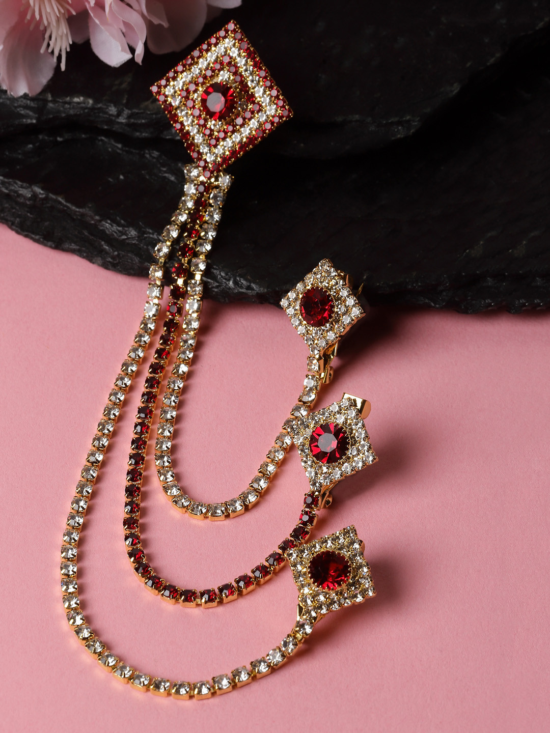 Sanjog Unisex Gold-Toned & Maroon Embellished American Diamond Brooch Lapel Pin