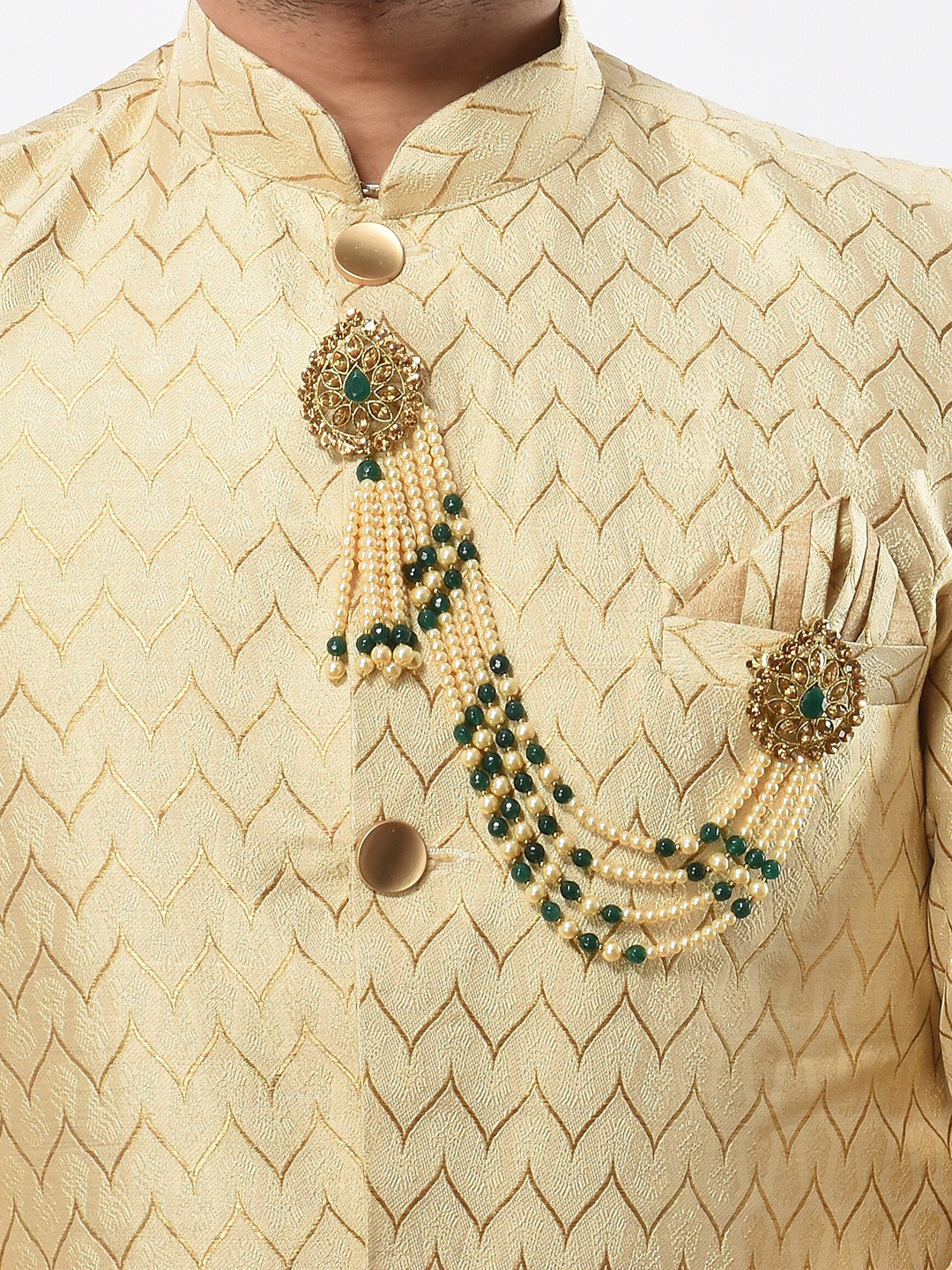 Sanjog Unisex Off White & Green Beaded and Stone Studded Brooch