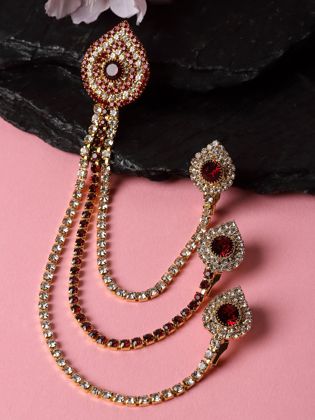 Sanjog Men Gold-Toned & Maroon Stone Studded Layered Chain Brooch Pin