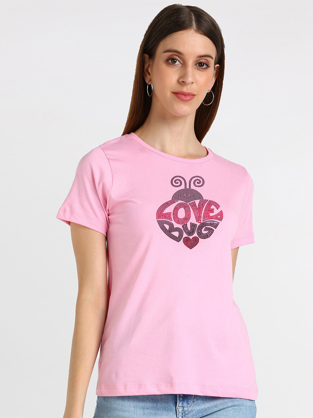 shashvi Women Pink Graphic embellished Cotton T-shirt