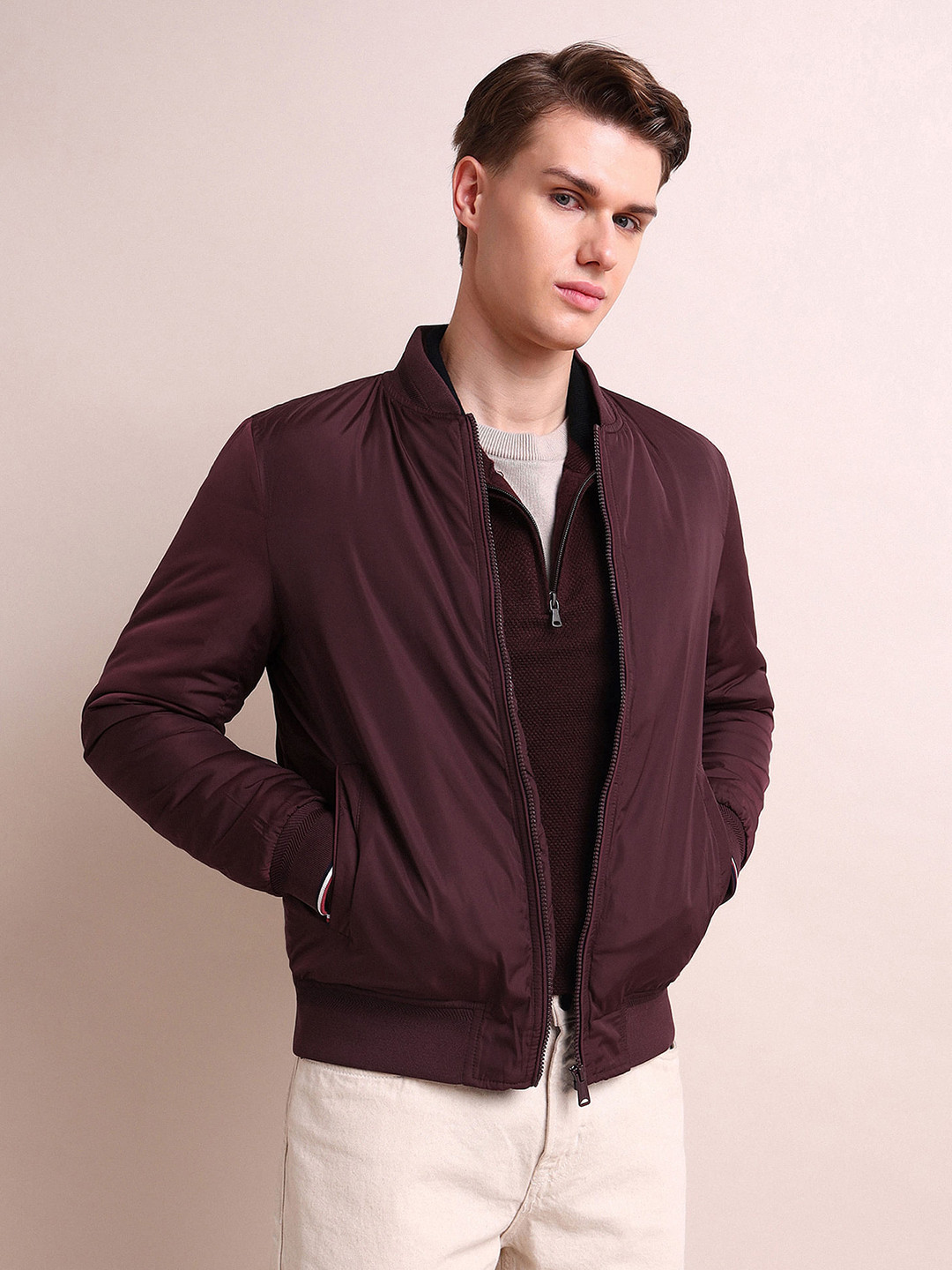 Arrow Sport Men Burgundy Solid Bomber Jacket