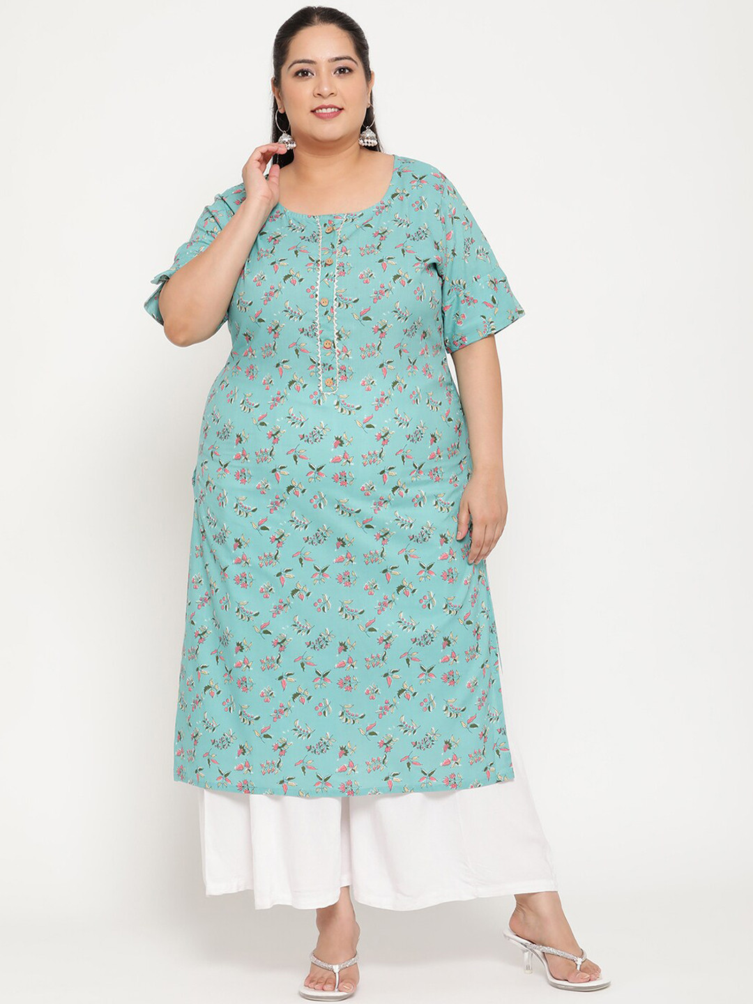 Sringam Women Green & Pink Floral Printed Plus Size  Kurta