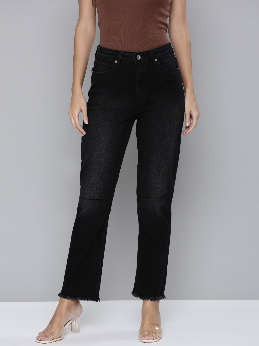 Flying Machine Women Black Straight Fit High-Rise Slash Knee Light Fade Stretchable Jeans