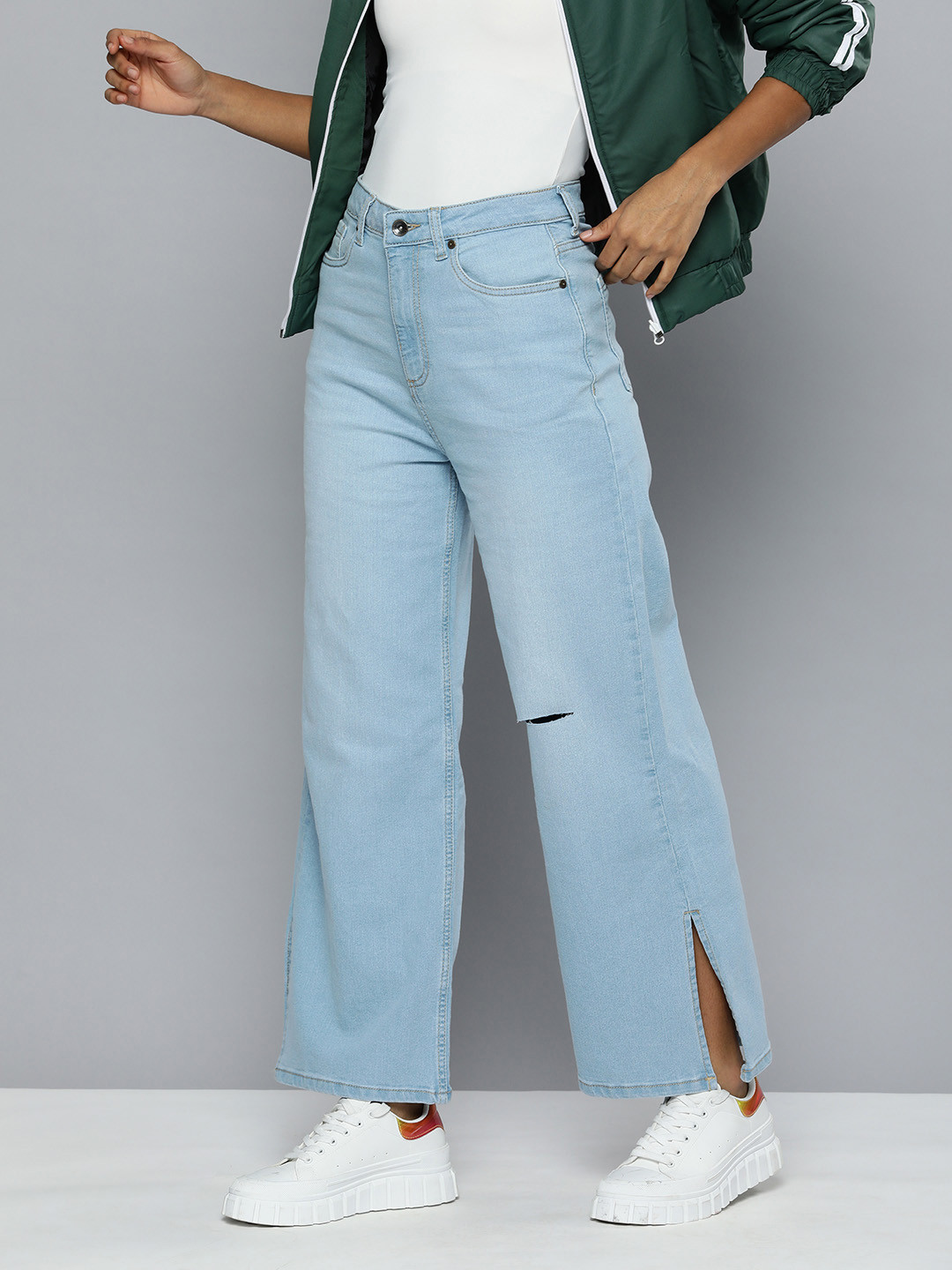 Flying Machine Women Wide Leg High-Rise Slash Knee Heavy Fade Stretchable Jeans