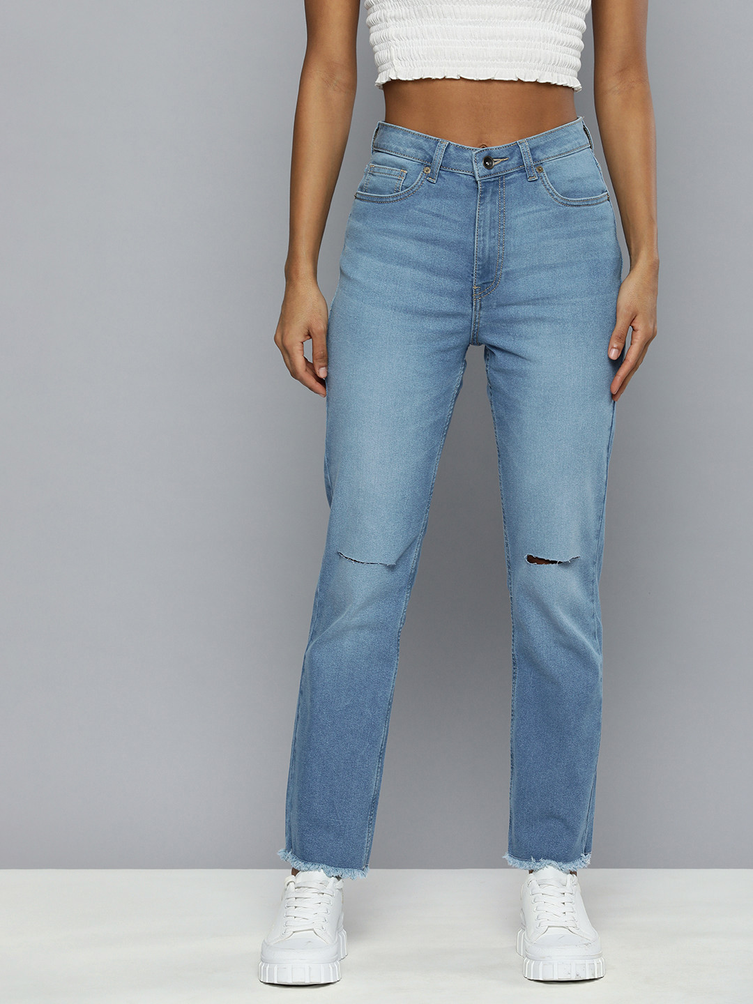 Flying Machine Women Straight Fit High-Rise Slash Knee Light Fade Stretchable Jeans