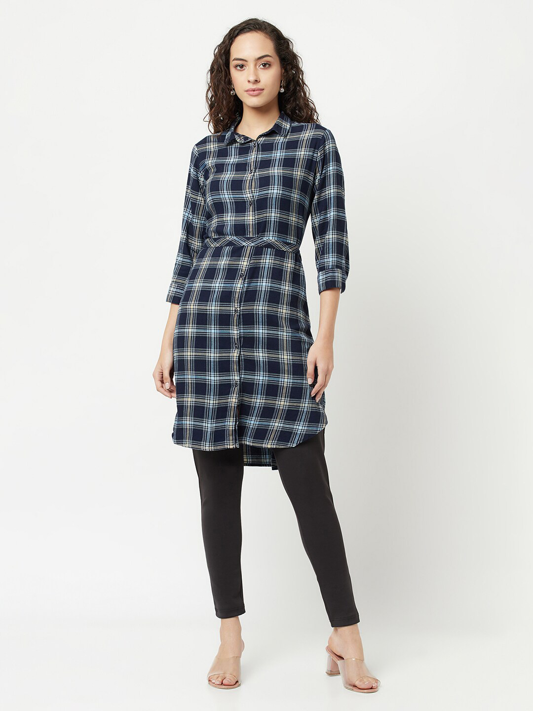 Crimsoune Club Women Navy Blue & White Checked Shirt Tunic