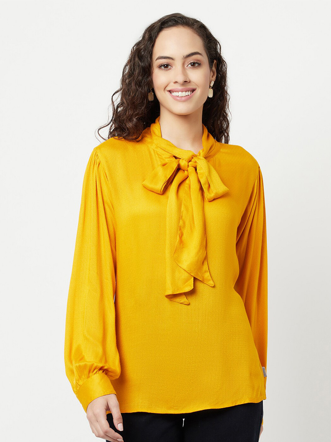 Crimsoune Club Mustard Yellow Tie-Up Neck Top