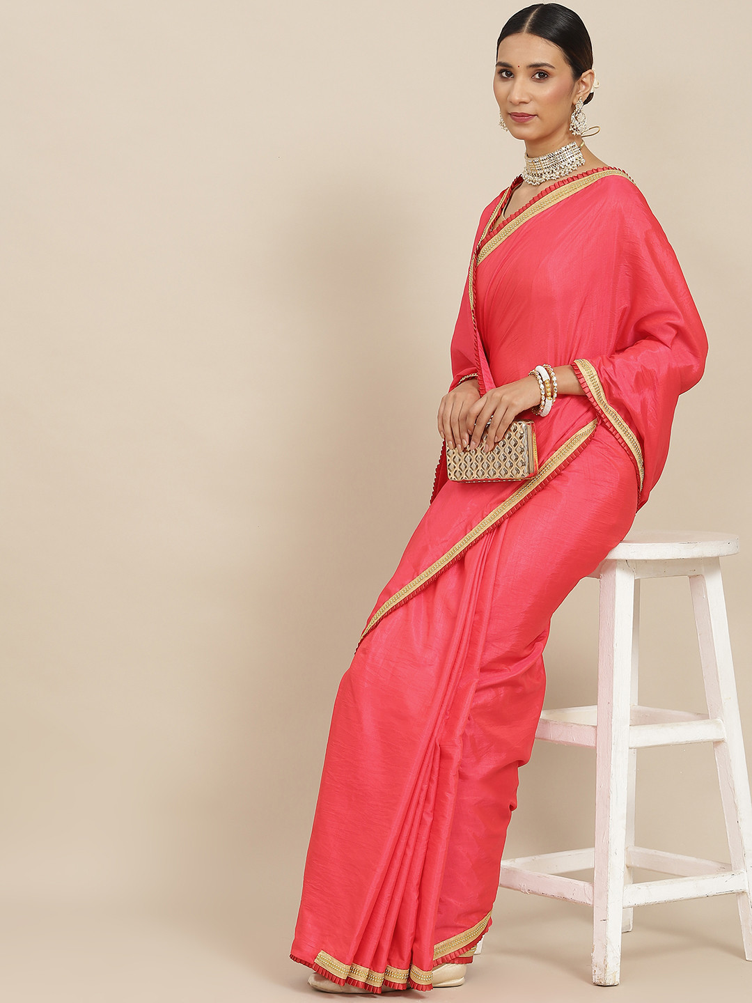 Ishin Pink Beads and Stones Satin Saree