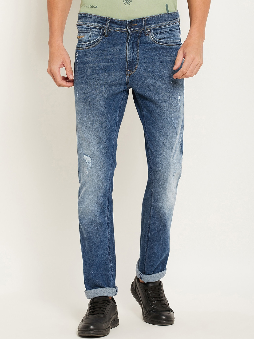 Duke Men Blue Slim Fit Mildly Distressed Heavy Fade Stretchable Denim Jeans