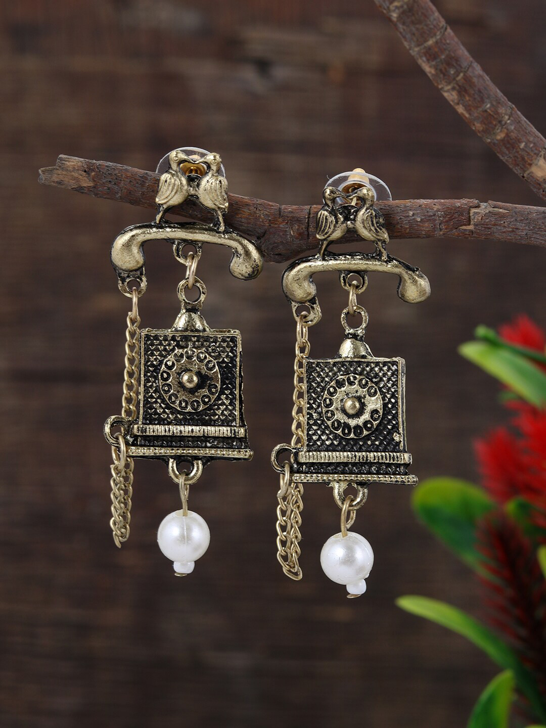 Silvermerc Designs Women Gold-Toned Contemporary Oxidised Telephone Drop  Earrings