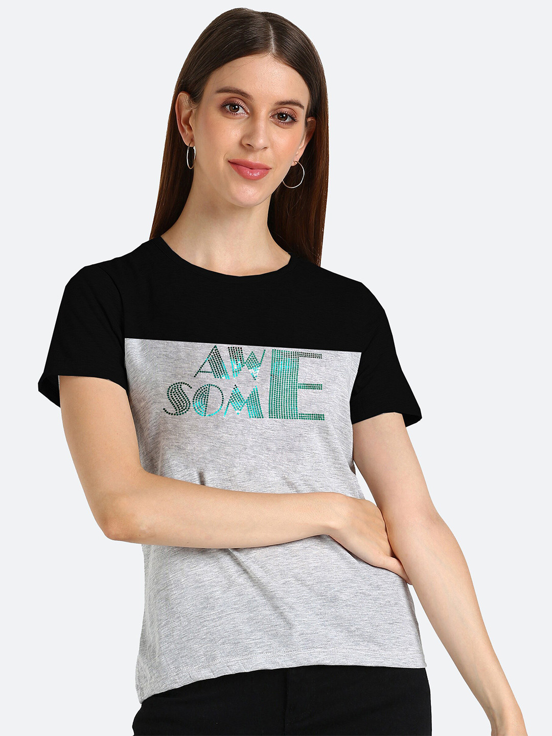 shashvi Women Grey & Black Colorblocked Embellished T-shirt