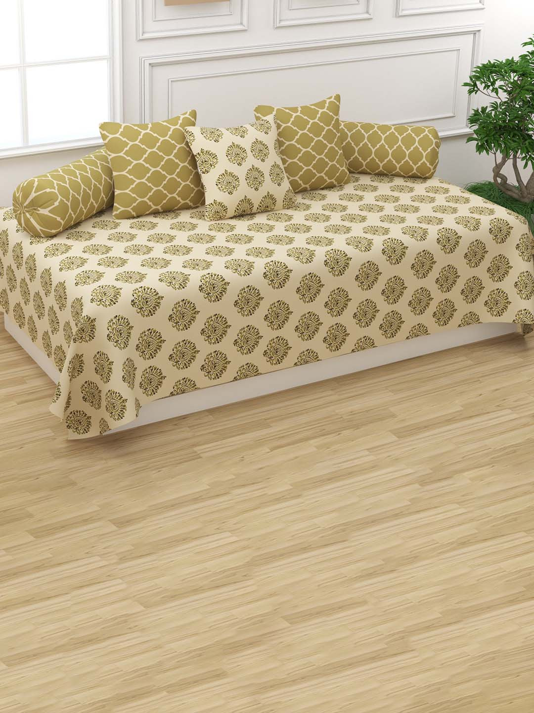 Trance Home Linen Set 6 Green & Beige Pure Cotton Bedsheet 2 Bolsters & 3 Cushion Covers