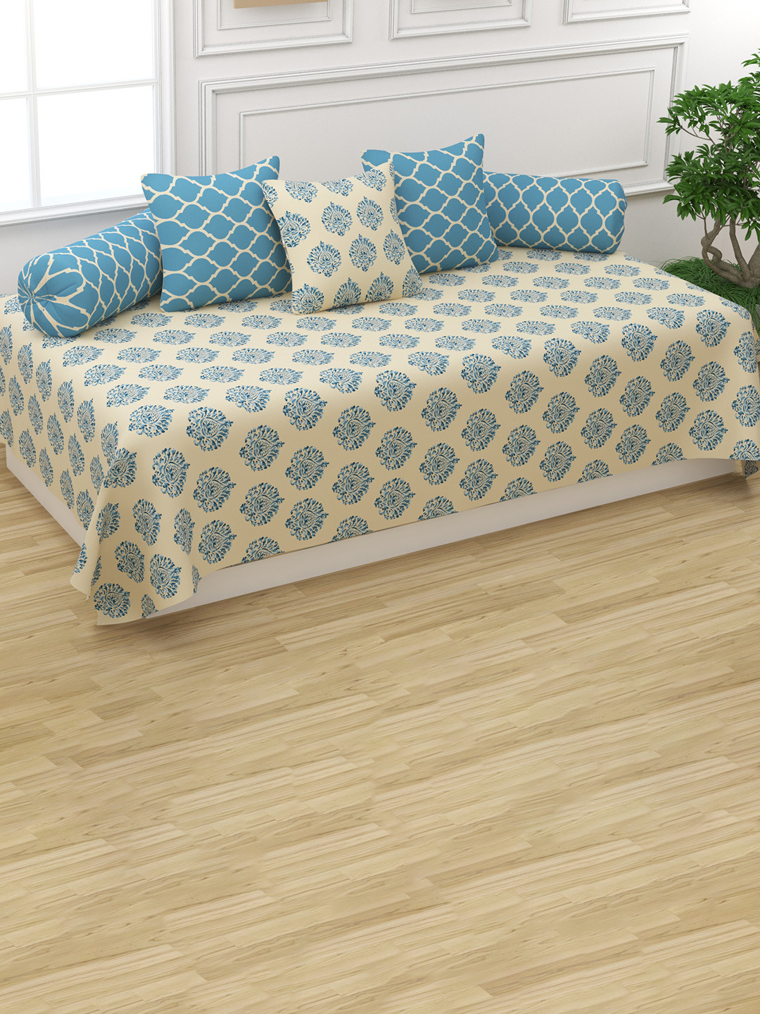Trance Home Linen Set Of 6 Blue Ethnic Motif Printed Pure Cotton 200 TC Diwan Set