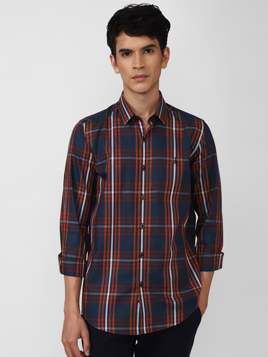 SIMON CARTER LONDON Men Blue & Orange Checked Cotton Casual Shirt