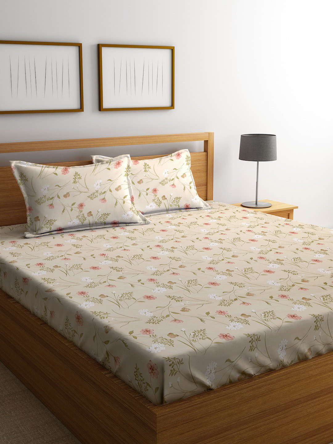 SOKNACK Beige Floral Polycotton 300 TC Fitted King Fine Bedsheet with 2 Pillow Covers-250 x 225 cm